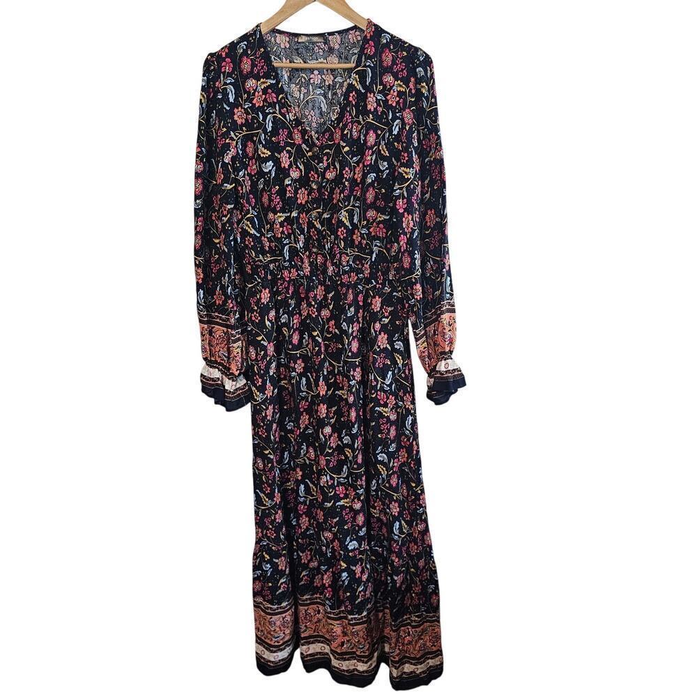 Boho Floral Dress Womens Large Black Pink Maxi V-Neck Fairy Whimsigoth Cottage